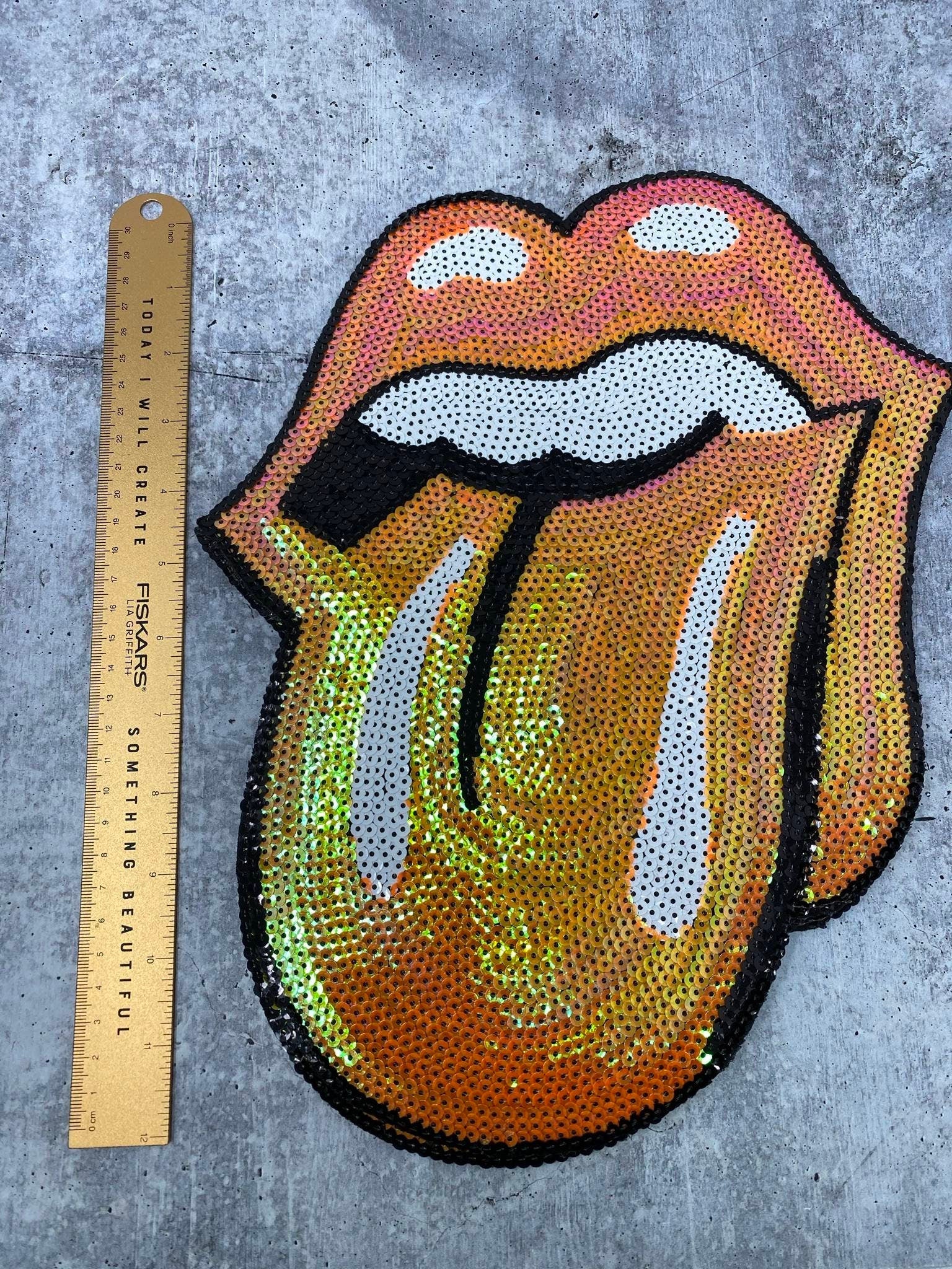 New, "ORANGE" Iridescent Sequins Lips and Tongue Patch (iron-on) Size 13", LARGE Bling Patch for Denim Jacket, Shirts, Hoodies, and More