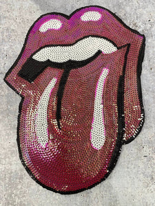 New, "PINK" Iridescent Sequins Lips and Tongue Patch (iron-on) Size 13", LARGE Bling Patch for Denim Jacket, Shirts, Hoodies, and More