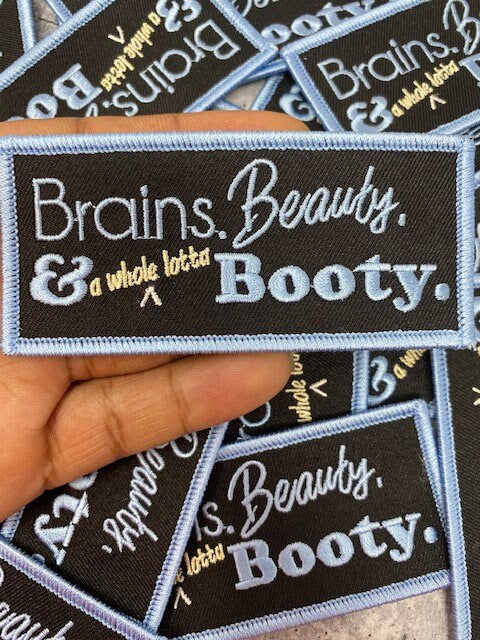 Brains, Beauty & A Whole Lotta Booty, Motivational Quote Patch, 4"x2" inch,  Cool Applique For Clothing, Iron-on Embroidered Patch