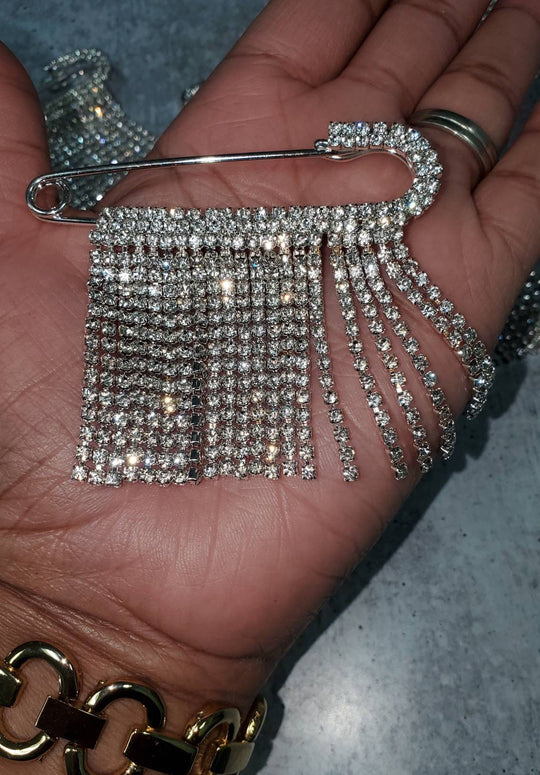 6-pc set, SILVER "Drippin"  Rhinestone Safety Pin Brooches for Clothing & Accessories, Bling Safety Pins for Crafting, Size 3" , Alloy Pins