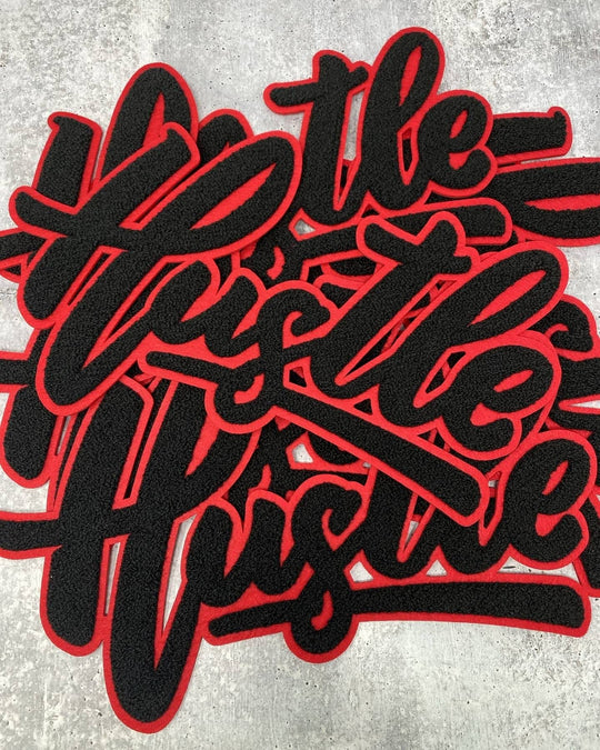 Exclusive, Black & Red "Hustle" Chenille Patch (iron-on) Size 10"x8", Varsity Patch for Denim Jacket, Shirts and Hoodies, Large Patch