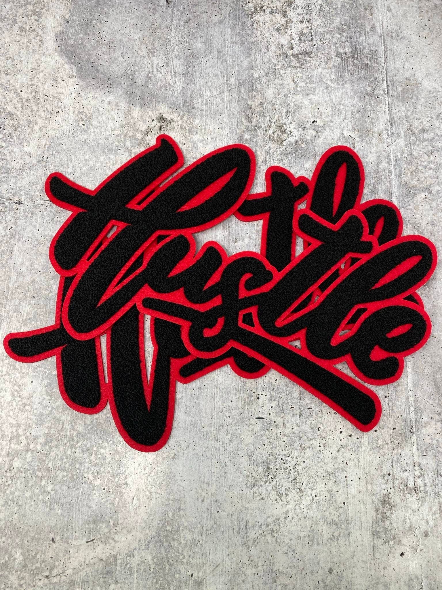 Exclusive, Black & Red "Hustle" Chenille Patch (iron-on) Size 10"x8", Varsity Patch for Denim Jacket, Shirts and Hoodies, Large Patch