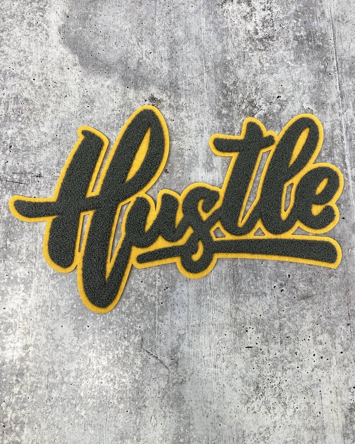 Exclusive, Gray & Gold "Hustle" Chenille Patch (iron-on) Size 10"x8", Varsity Patch for Denim Jacket, Shirts and Hoodies, Large Patch
