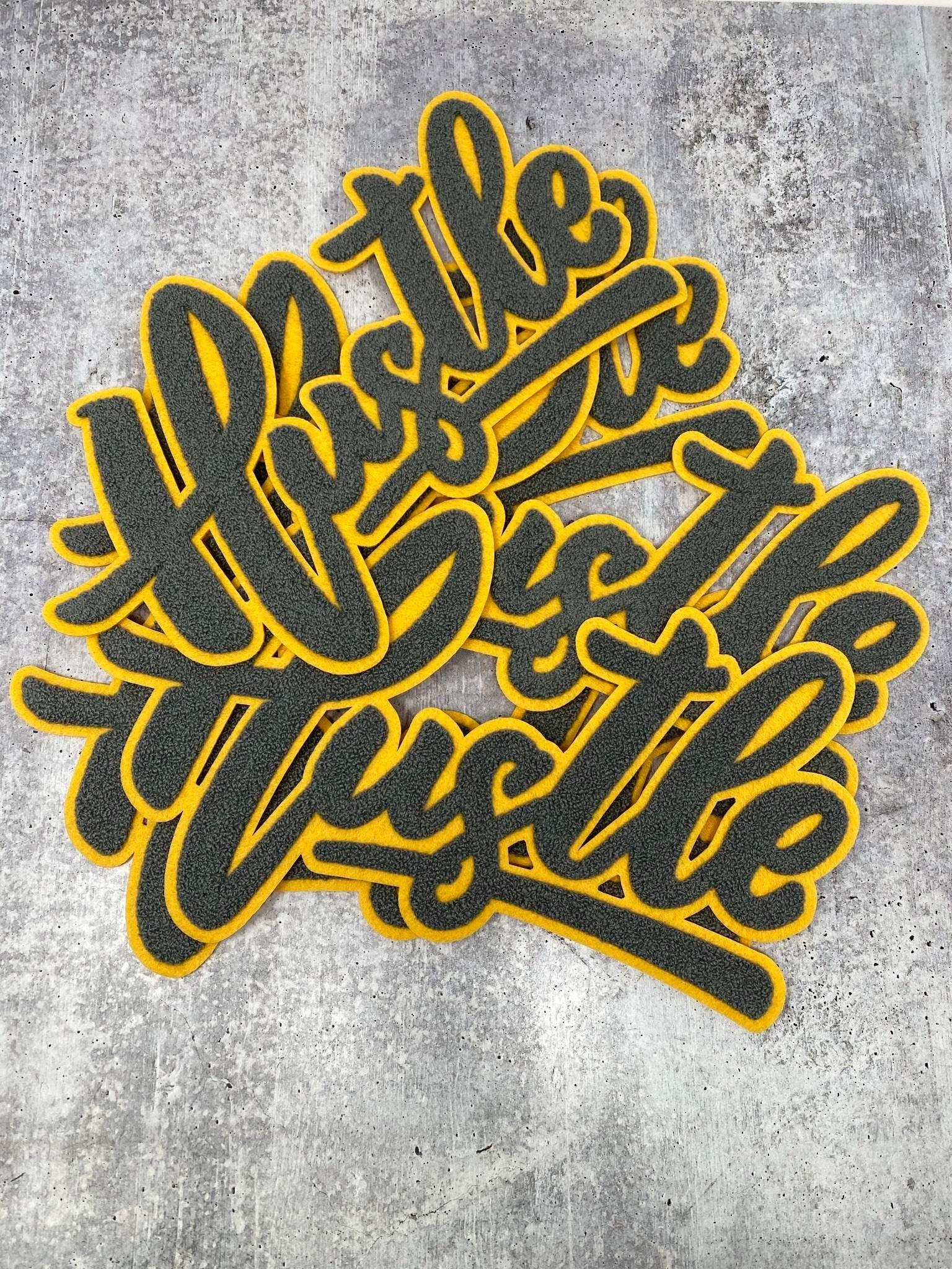 Exclusive, Gray & Gold "Hustle" Chenille Patch (iron-on) Size 10"x8", Varsity Patch for Denim Jacket, Shirts and Hoodies, Large Patch