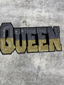 New Arrival, Large "Queen" Black & Silver Metallic Sequins, Iron-On Patch, Jacket Patch; Bling Patch, DIY Applique; Size 10" x 6"