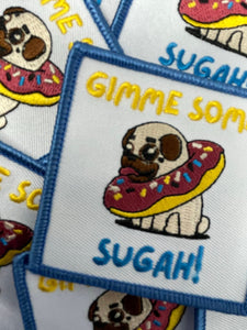 Patched Up Pup: "Gimme Some Sugah" Iron-on Embroidered Patch for Dogs, Patch for Dog Lovers, Gift for Your Dog, Sz. 2.5", Doggie Vest