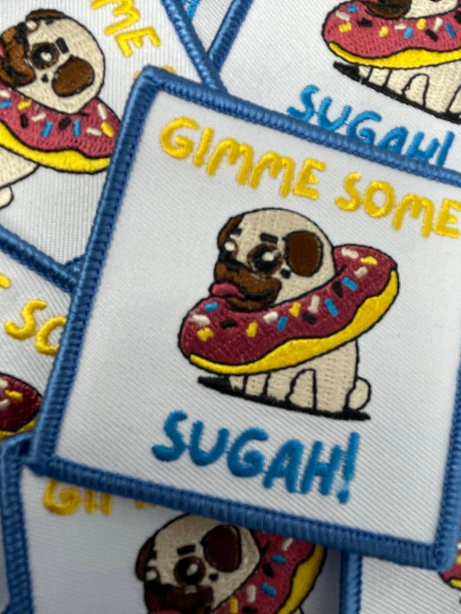 Patched Up Pup: "Gimme Some Sugah" Iron-on Embroidered Patch for Dogs, Patch for Dog Lovers, Gift for Your Dog, Sz. 2.5", Doggie Vest