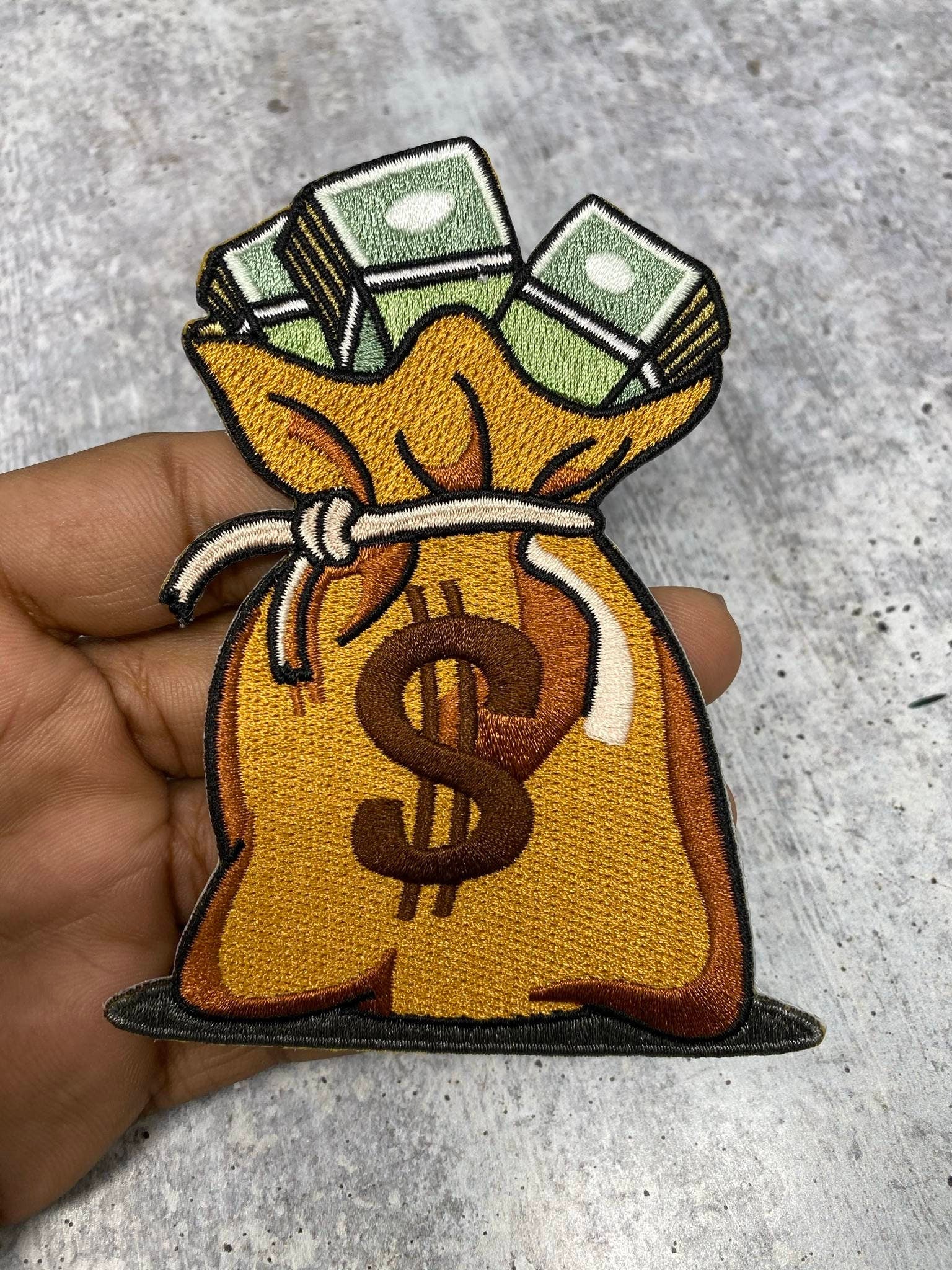 Medium: 1-pc, "Bag of Money", NEW, Check a Bag Patch, Size 5", Iron-on 100% Embroidered Patch; Entrepreneur Gift; Fun Jacket Patch, DIY