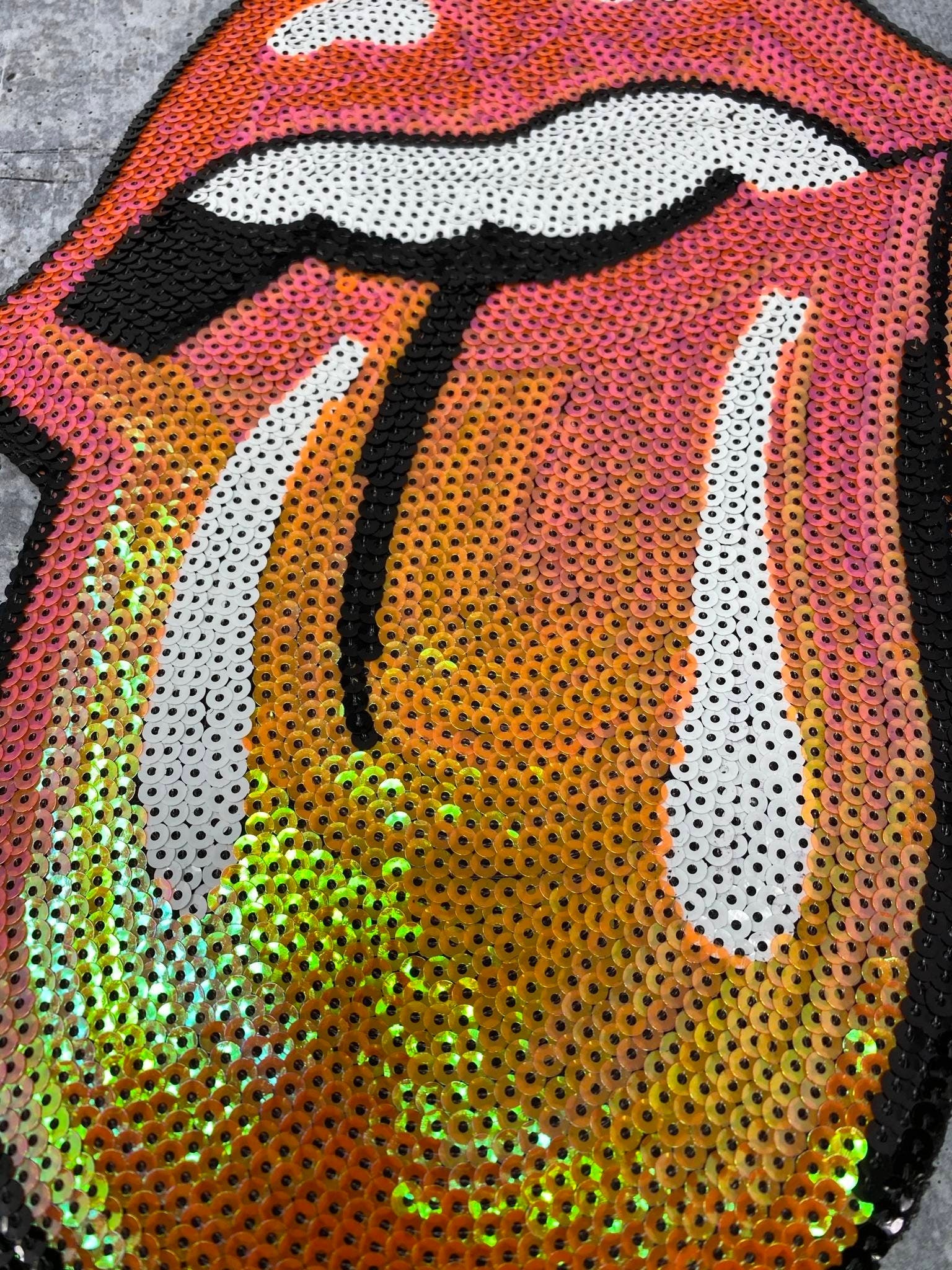 New, "ORANGE" Iridescent Sequins Lips and Tongue Patch (iron-on) Size 13", LARGE Bling Patch for Denim Jacket, Shirts, Hoodies, and More