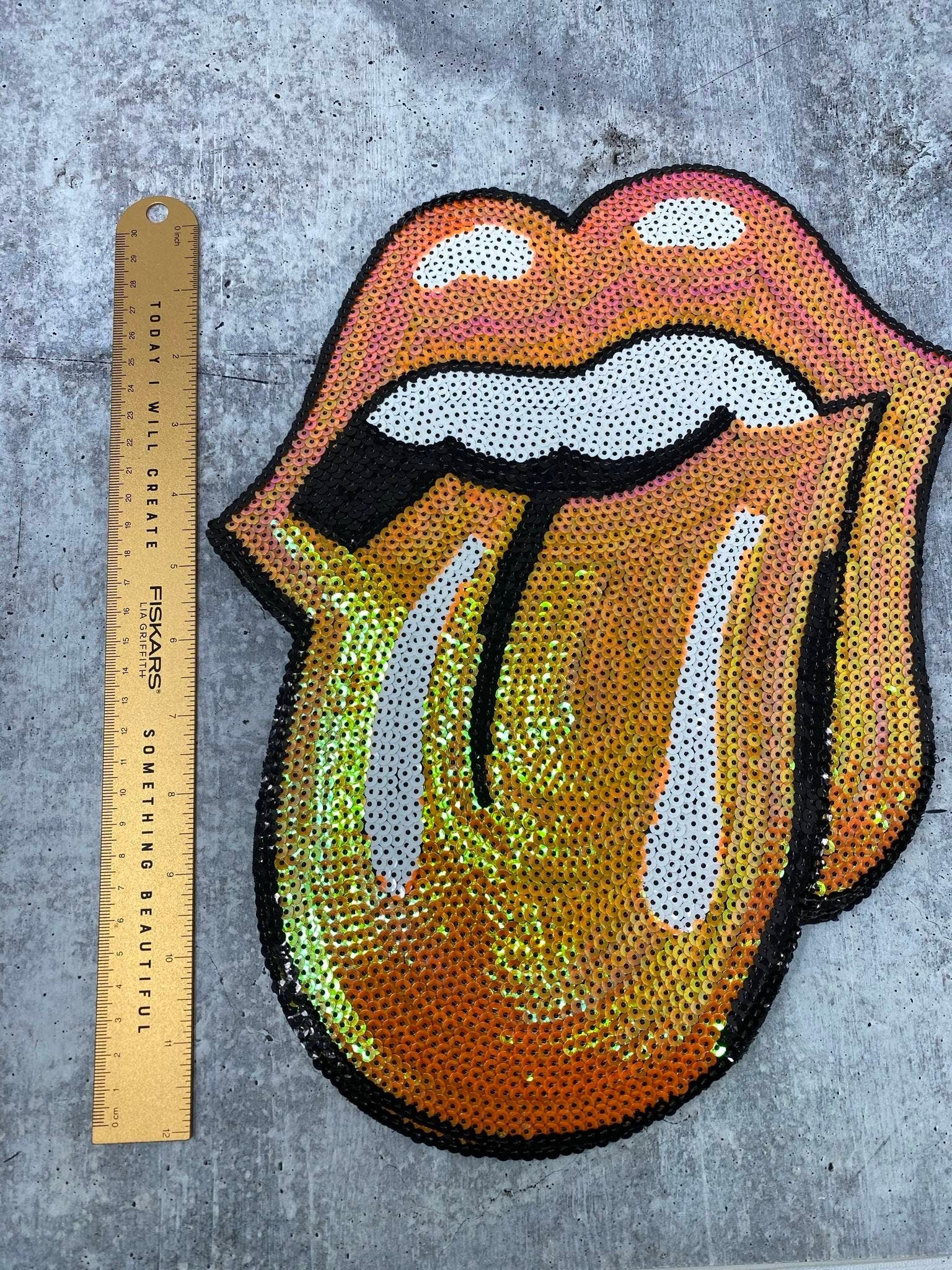 New, "ORANGE" Iridescent Sequins Lips and Tongue Patch (iron-on) Size 13", LARGE Bling Patch for Denim Jacket, Shirts, Hoodies, and More