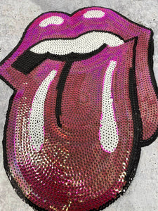 New, "PINK" Iridescent Sequins Lips and Tongue Patch (iron-on) Size 13", LARGE Bling Patch for Denim Jacket, Shirts, Hoodies, and More