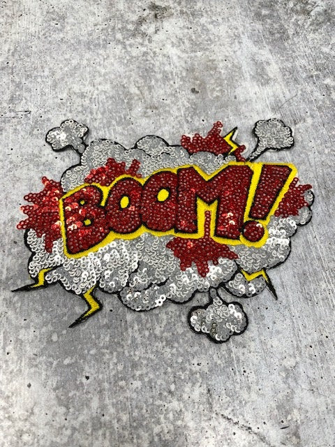 NEW, Sequins "BOOM!" Starburst Patch, Adorable Emblem, Home Girls Statement Patch, Iron-on Embroidered Applique, Size 6", Jacket Patch