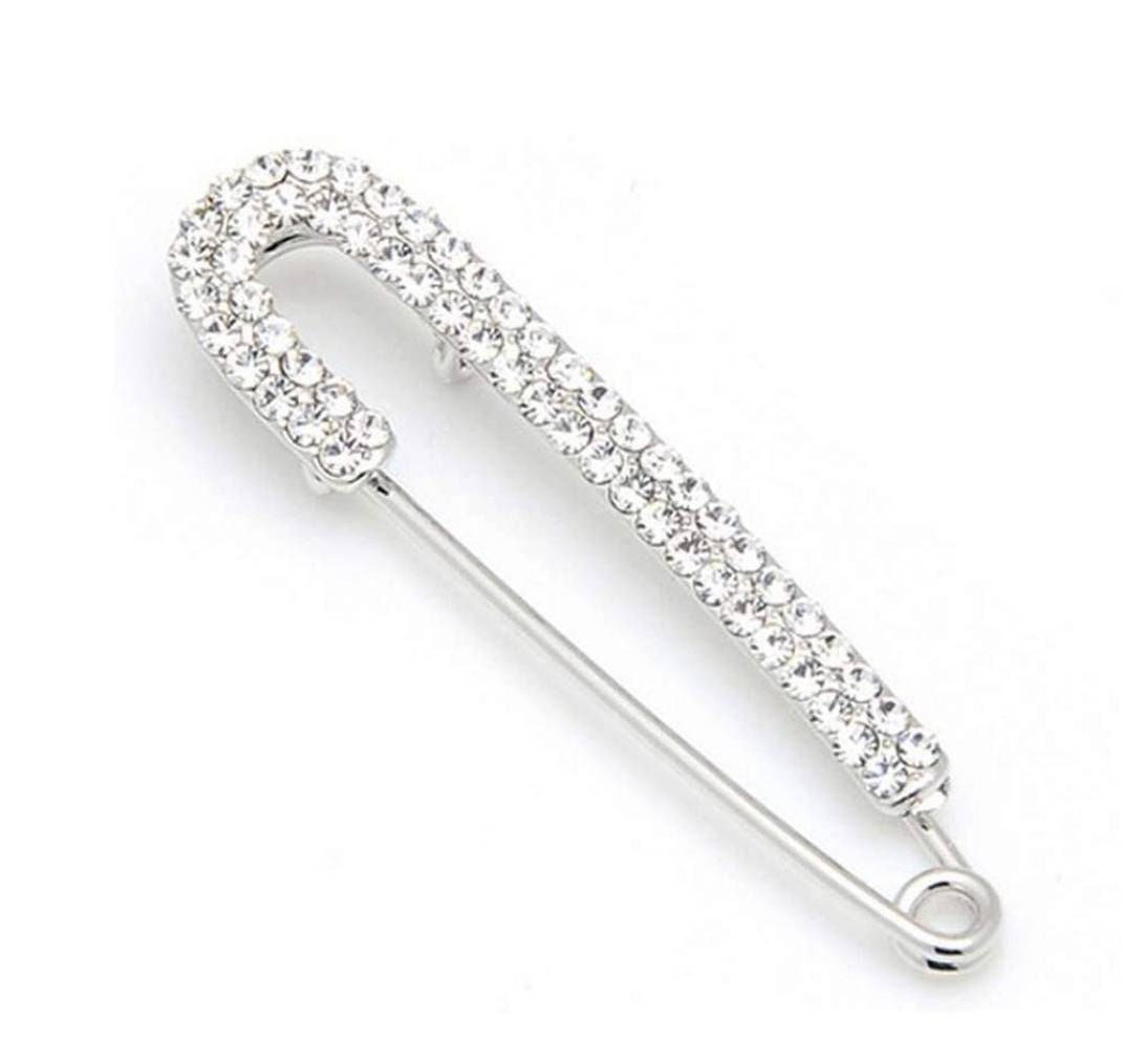 10-pc set, SILVER Rhinestone Safety Pin Brooches for Clothing & Accessories, Bling Safety Pins for Crafting, DIY Tools, Size 3" , Alloy Pins