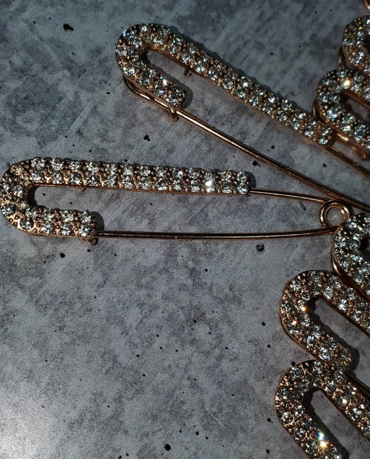 10-pc set, GOLD Rhinestone Safety Pin Brooches for Clothing & Accessories, Bling Safety Pins for Crafting, DIY Tools, Size 3" , Alloy Pins