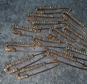10-pc set, GOLD Rhinestone Safety Pin Brooches for Clothing & Accessories, Bling Safety Pins for Crafting, DIY Tools, Size 3" , Alloy Pins