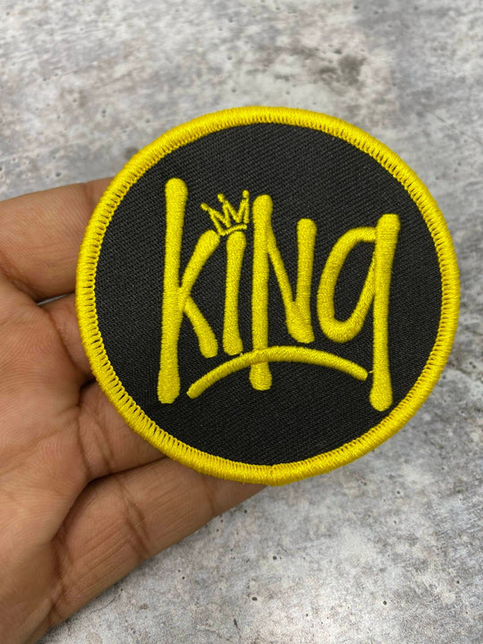 Black & Yellow, 3" Circular "King" Iron-on Embroidered Patch; Patches for Men, Small Jacket Patch, Morale Patch, Cool Patches for Hats