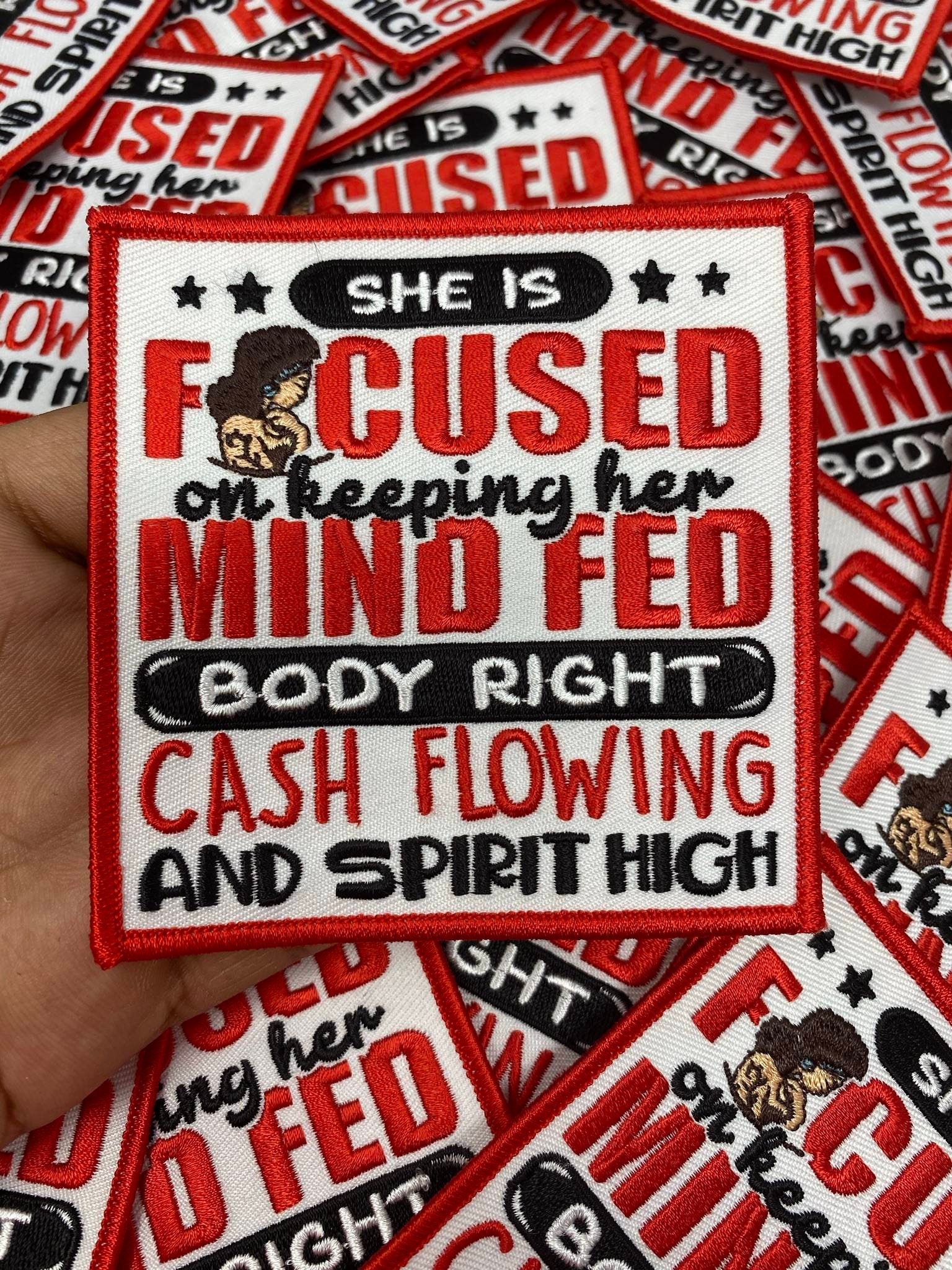 New, EXCLUSIVE: "She is Focused on Keeping Her Mind Fed" Statement Patch, DIY Embroidered, Iron-On Patch, Size 5", Patch for Jackets & More