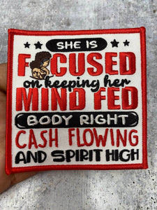 New, EXCLUSIVE: "She is Focused on Keeping Her Mind Fed" Statement Patch, DIY Embroidered, Iron-On Patch, Size 5", Patch for Jackets & More