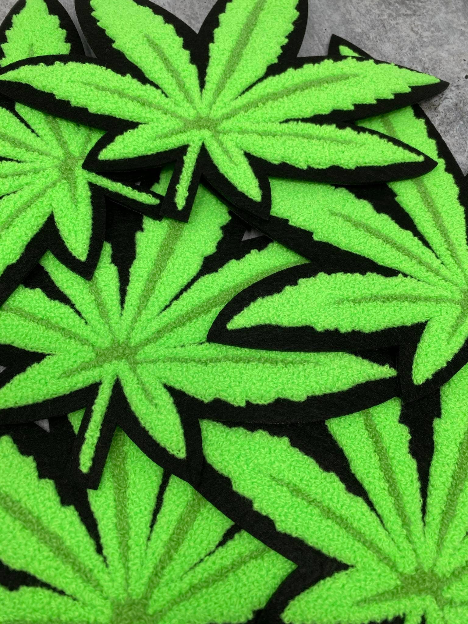 New, Neon Green, CHENILLE "Cannabis Leaf", Size 9", Iron-on Patch, Patches for Weed Lovers, Cannibas Badge, THC, CBD Lover, Weed Leaf, 1 pc