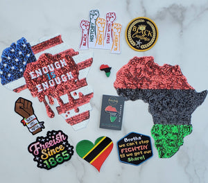 10-pc JUNETEENTH Set, Assorted 2-pc Large Sequins & 6-pcs Embroidered Patches, 1-pc "Pan-African" Enamel Pin and 1-pc Pan-African Croc Charm