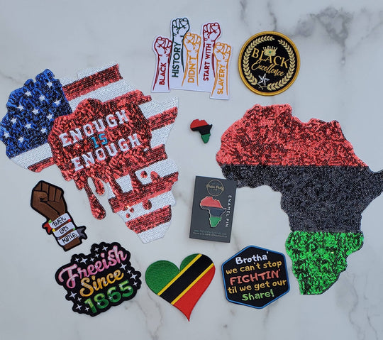 10-pc JUNETEENTH Set, Assorted 2-pc Large Sequins & 6-pcs Embroidered Patches, 1-pc "Pan-African" Enamel Pin and 1-pc Pan-African Croc Charm
