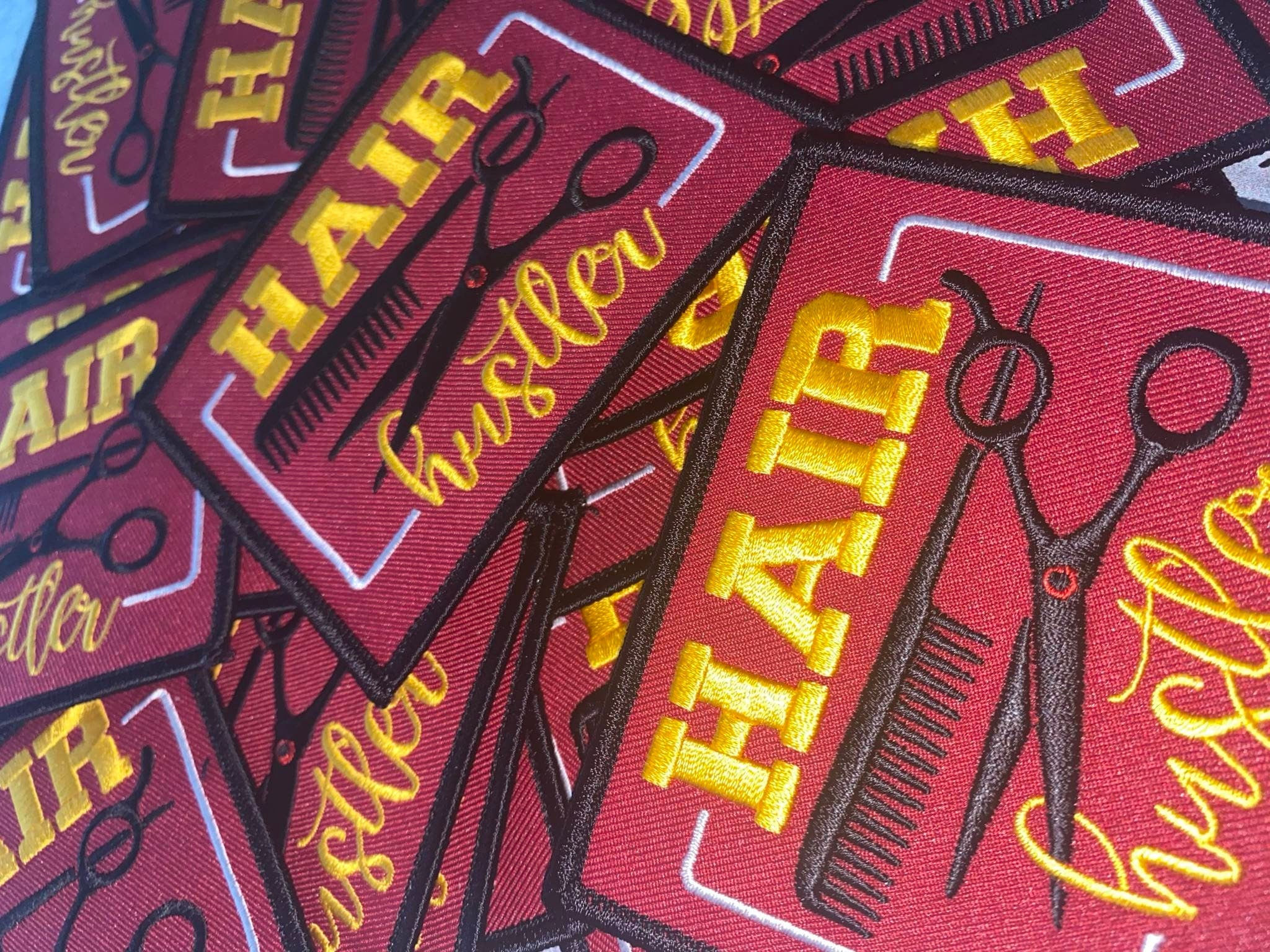NEW, Maroon "Hair Hustler" Stylist Badge, 1-pc Iron-on Merit Badge, Embroidered, DIY, Great for Women & Men Stylists/Barbers, 4"