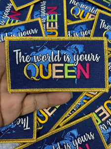 New Arrival, EXCLUSIVE "The World is Yours Queen" Iron-on Patch, Size 3"x2", Denim Embroidered Patch for Clothing and Accessories, Blue Jean