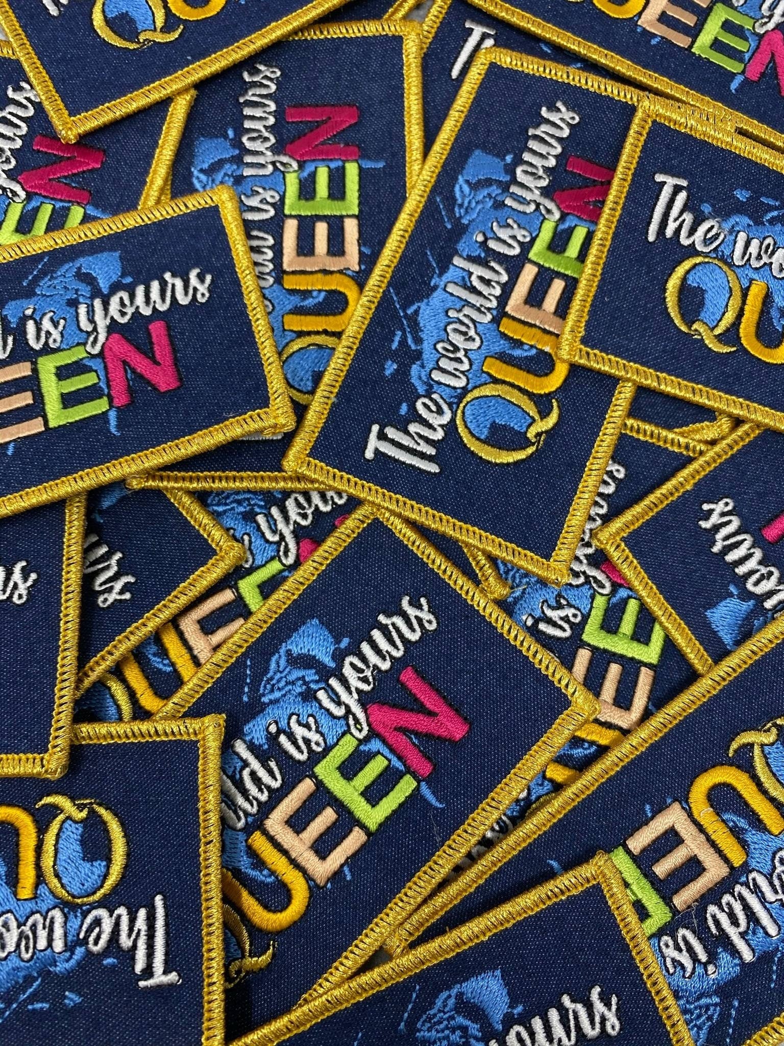 New Arrival, EXCLUSIVE "The World is Yours Queen" Iron-on Patch, Size 3"x2", Denim Embroidered Patch for Clothing and Accessories, Blue Jean