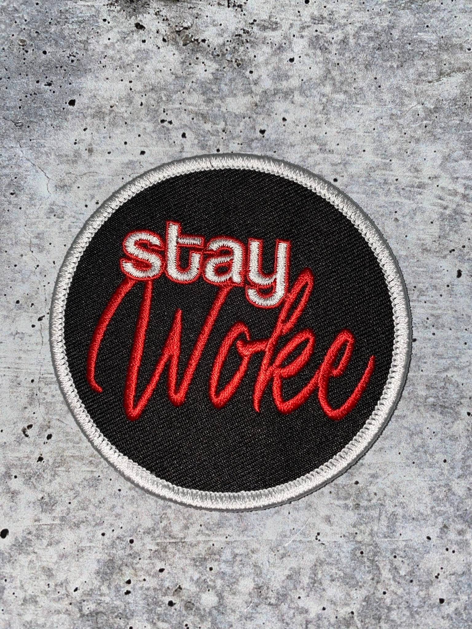 Exclusive, "Stay Woke" Iron-on Embroidered Patch,  Statement Patch for Clothing and Accessories, Size 3", Black Unity Patch, DIY Applique,