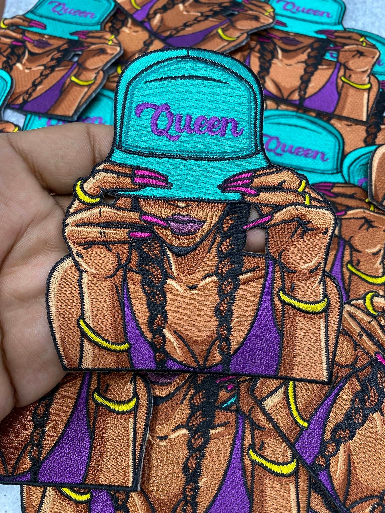 New Arrival, Turquoise Hat "Queen" Iron-on Patch, Embroidered Afrocentric Patch| Beautiful Black Queen|Jacket Patch|DIY Applique| Size 4"