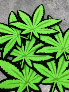 New, Neon Green, CHENILLE "Cannabis Leaf", Size 9", Iron-on Patch, Patches for Weed Lovers, Cannibas Badge, THC, CBD Lover, Weed Leaf, 1 pc