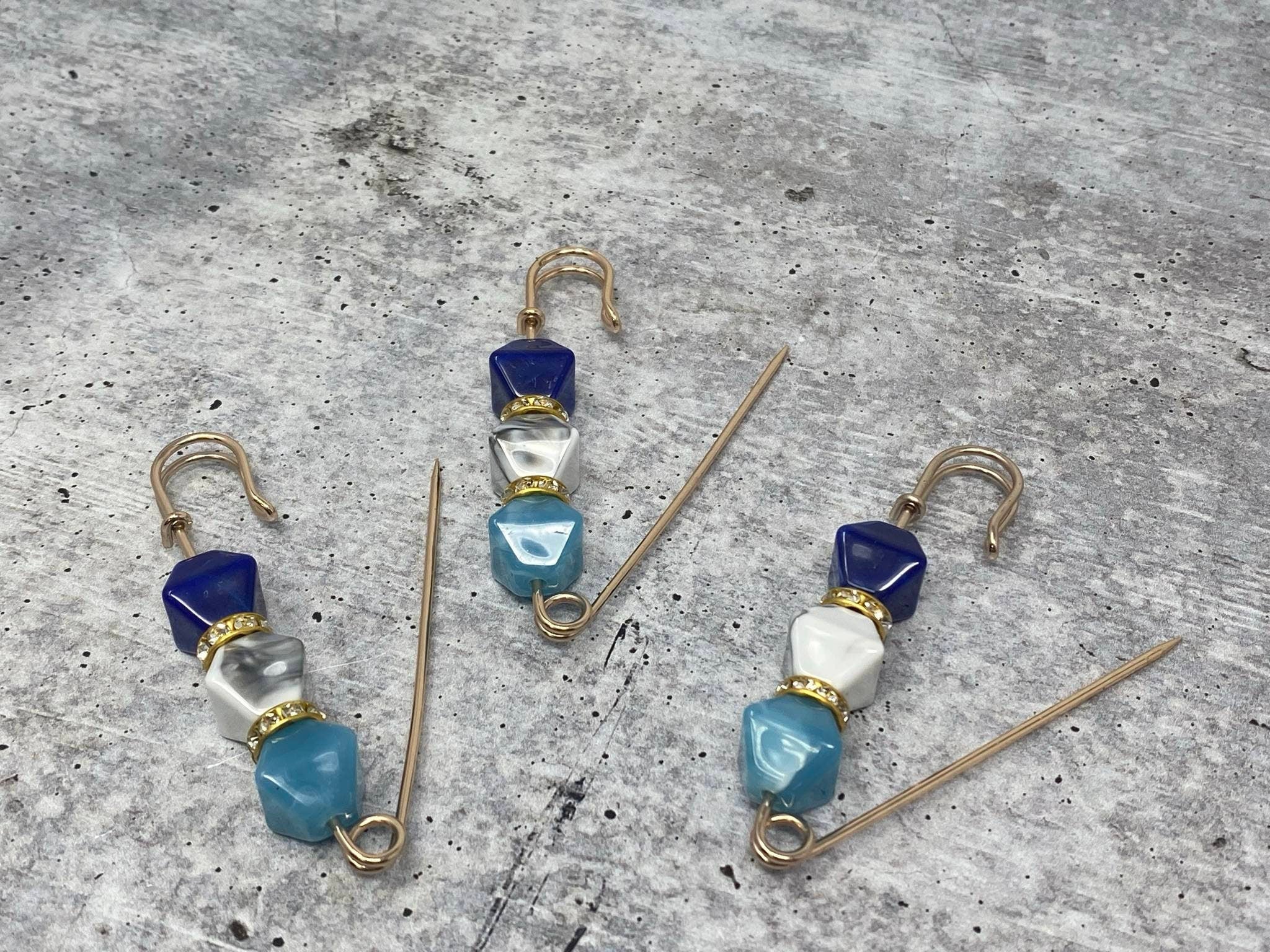 6-pc set, Shades of BLUE Resin Beads w/Gold Bling, Safety Pin Brooches for Clothing Safety Pins for Crafting, DIY Tools, Size 3", Alloy Pins