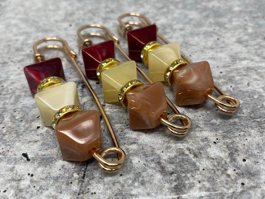 6-pc set, Shades of ROSE Resin Beads w/Gold Bling, Safety Pin Brooches for Clothing Safety Pins for Crafting, DIY Tools, Size 3", Alloy Pins