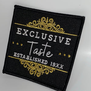 New Arrival, "Exclusive Taste, Established 19XX", 3" inch, Diy Applique, Iron-on Patch, Jacket Patch, Black & Metallic Gold, Embroidered