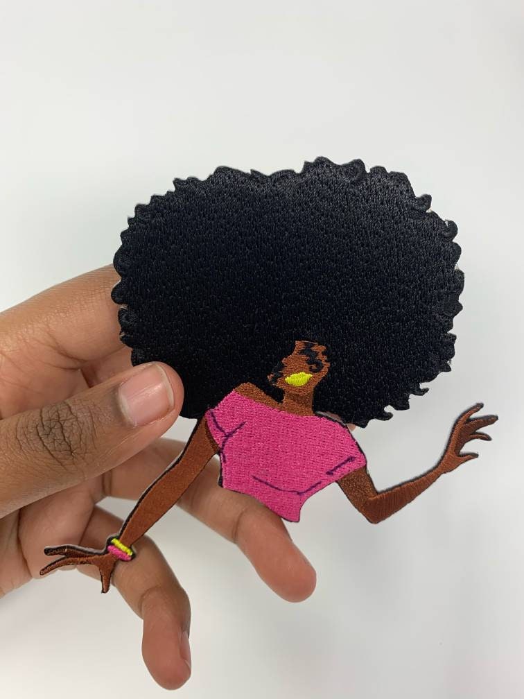 New, "Afro Diva" Big Hair Chic with Poppin Lime Lipgloss, Iron or Sew-on Embroidered Patch, Exclusive Appliques, Size 4"
