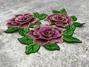 NEW,  2 pc set, Purple & Gold Roses (size 4-inches), matching lace sew-on floral patches (2 pcs), Flower Patches, Rose Lace Patches