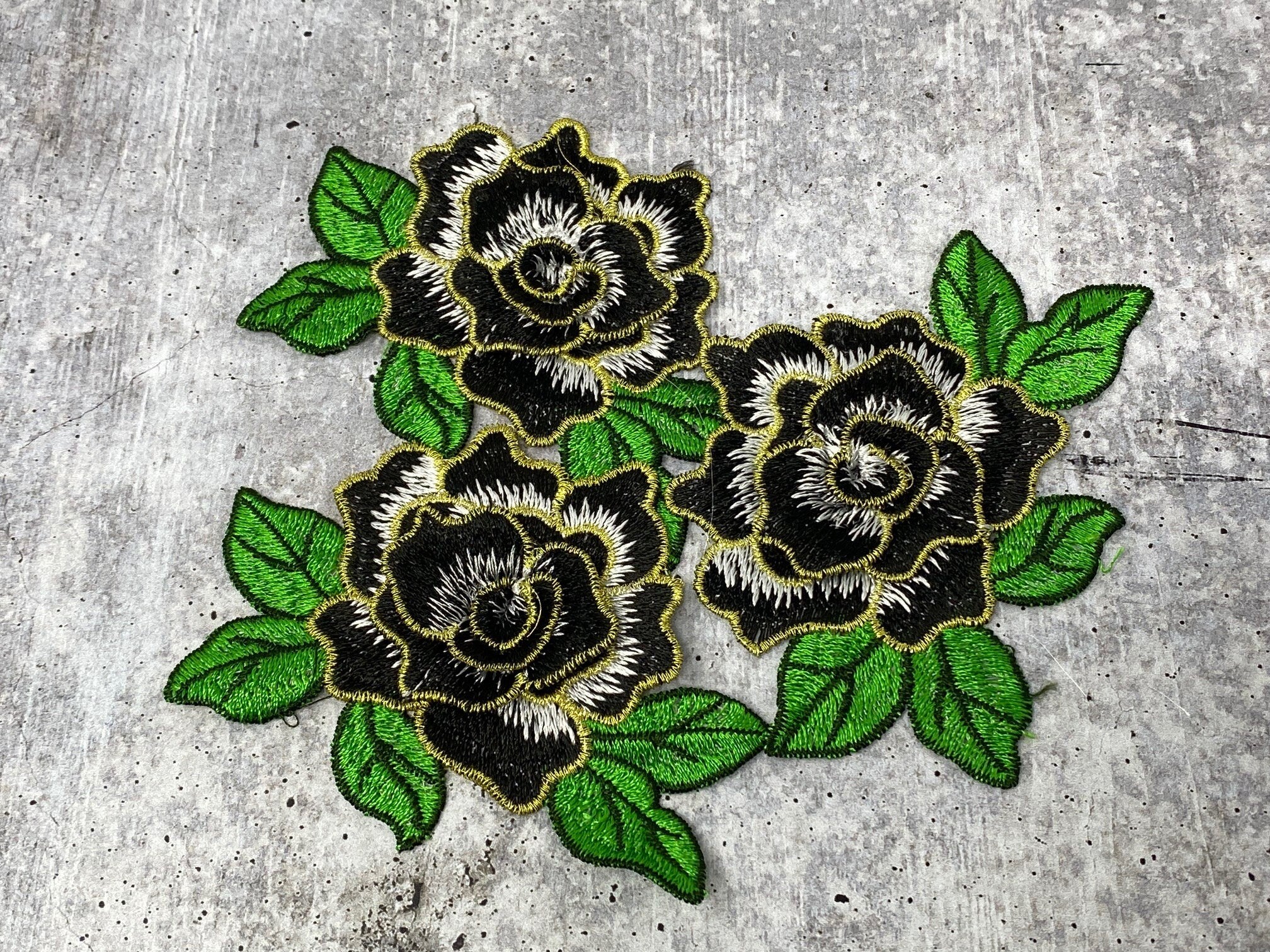 NEW,  2 pc set, Black & Gold Roses (size 4-inches), matching lace sew-on floral patches (2 pcs), Flower Patches, Rose Lace Patches