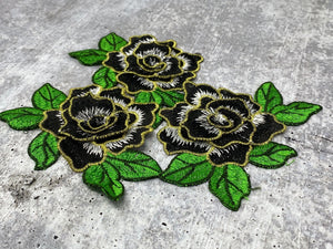NEW,  2 pc set, Black & Gold Roses (size 4-inches), matching lace sew-on floral patches (2 pcs), Flower Patches, Rose Lace Patches
