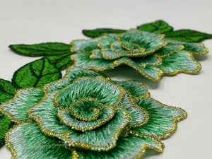 NEW,  2 pc set, Mint Green & Gold Roses (size 4-inches), matching lace sew-on floral patches (2 pcs), Flower Patches, Rose Lace Patches