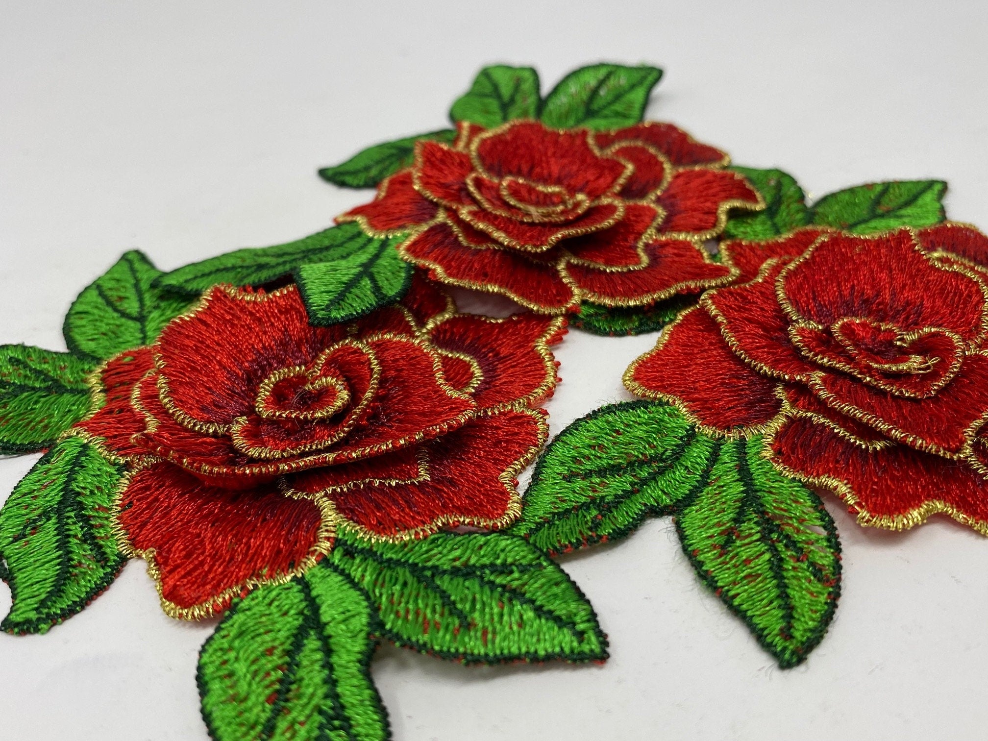 NEW,  2 pc set, Red & Gold Roses (size 4-inches), matching lace sew-on floral patches (2 pcs), Flower Patches, Rose Lace Patches