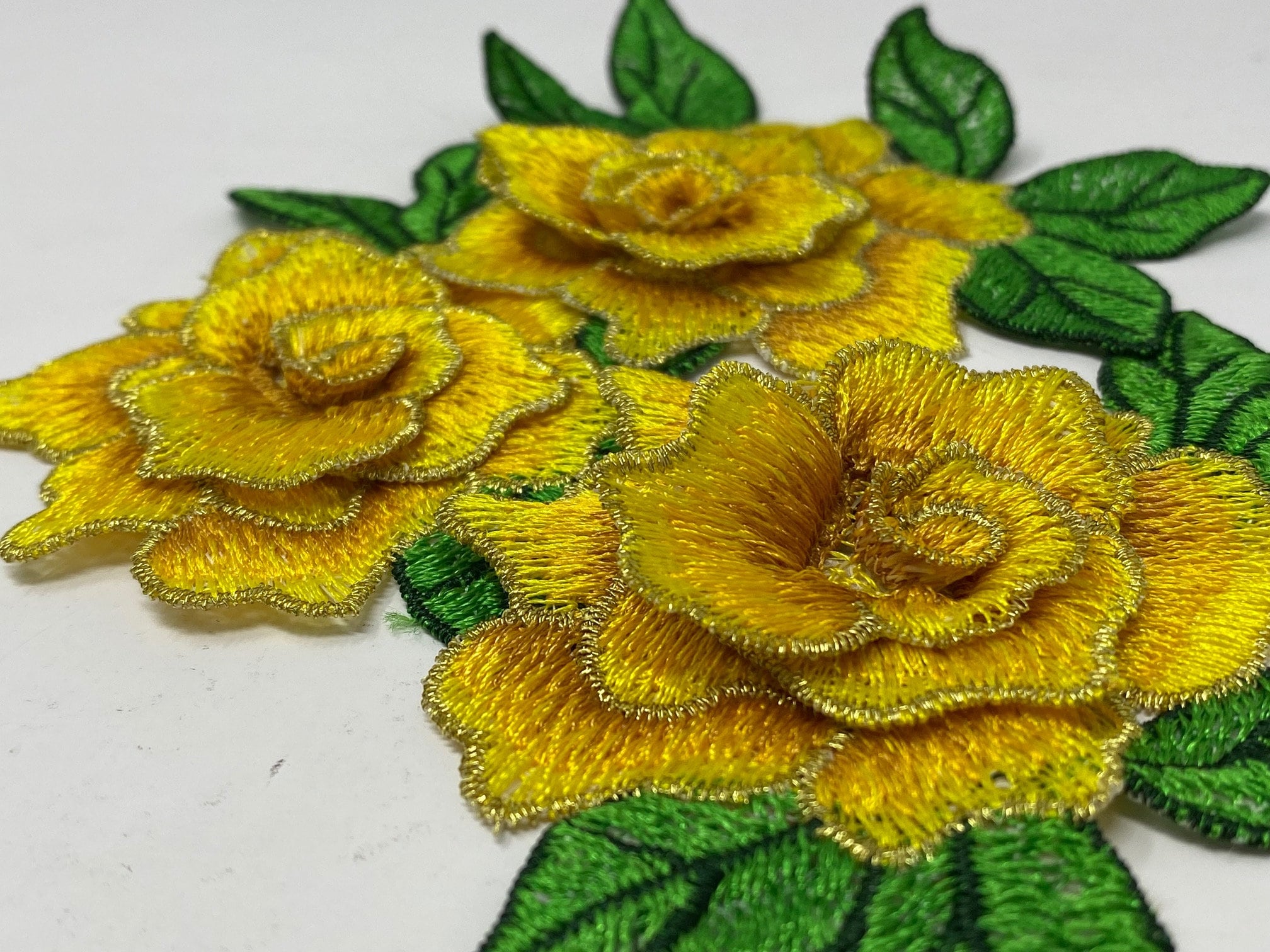NEW,  2 pc set, Yellow & Gold Roses (size 4-inches), matching lace sew-on floral patches (2 pcs), Flower Patches, Rose Lace Patches
