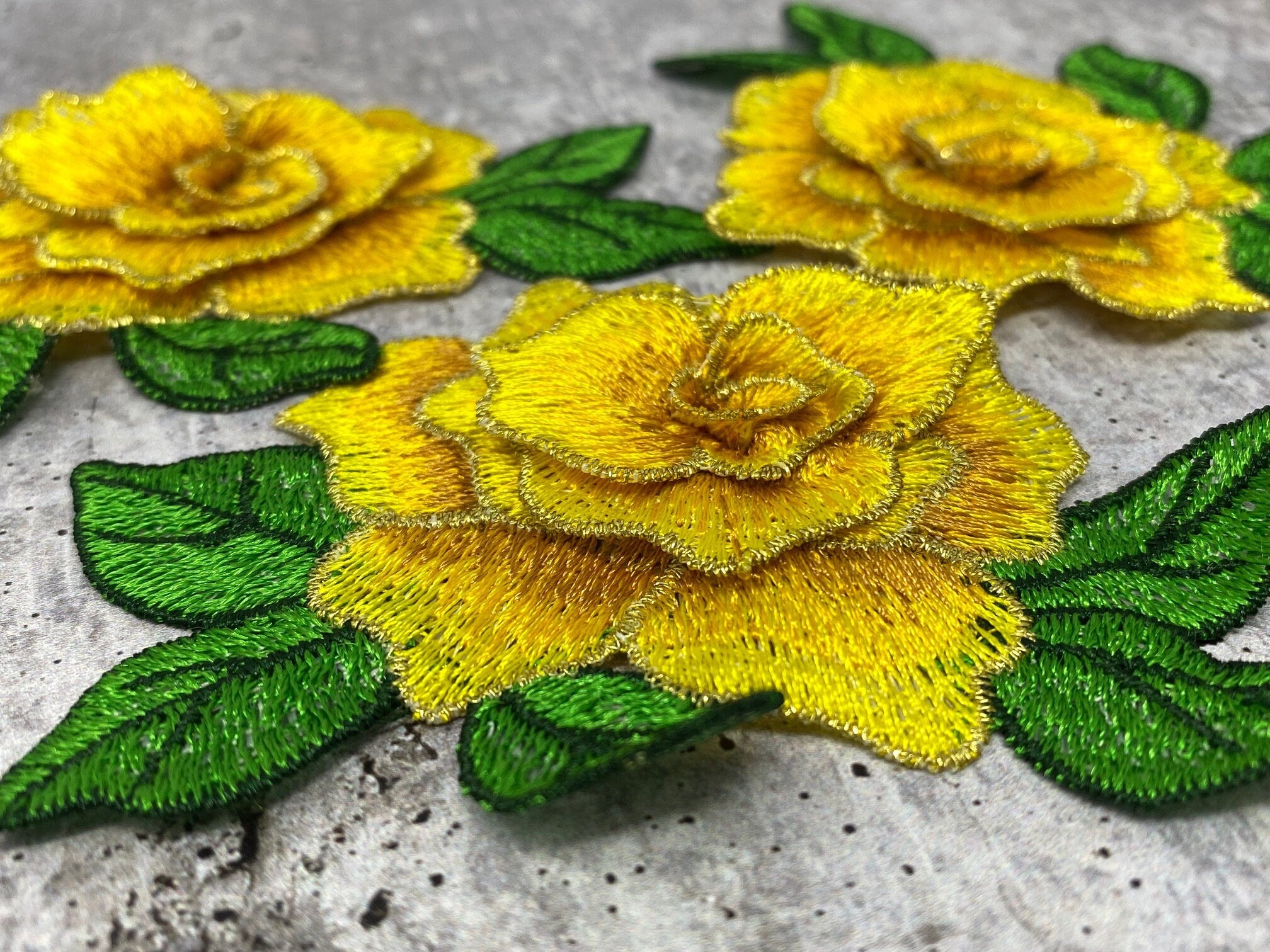 NEW,  2 pc set, Yellow & Gold Roses (size 4-inches), matching lace sew-on floral patches (2 pcs), Flower Patches, Rose Lace Patches