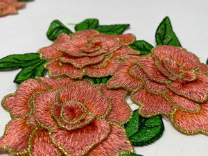 NEW, 2 pc set, Peach & Gold Roses (size 4-inches), matching lace sew-on floral patches (2 pcs),Flower Patches, Rose Lace Patches