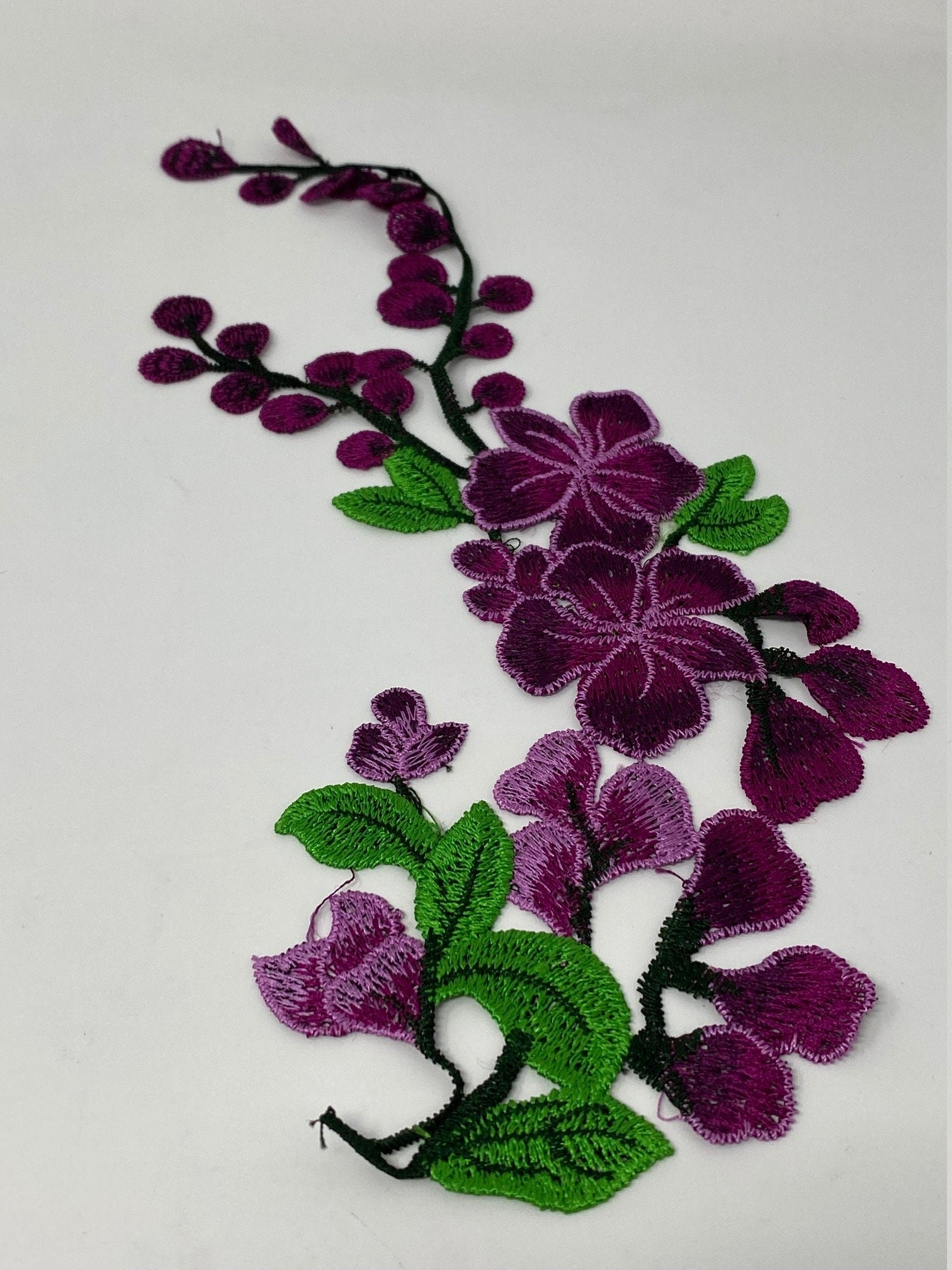 NEW, 2 Pc., Purple Lace Flowers with Leaves and Stems, Sew-on Lace Flower Set, Great for Shoes, Denim,Jackets, Sweaters, Etc. Size 12 inches