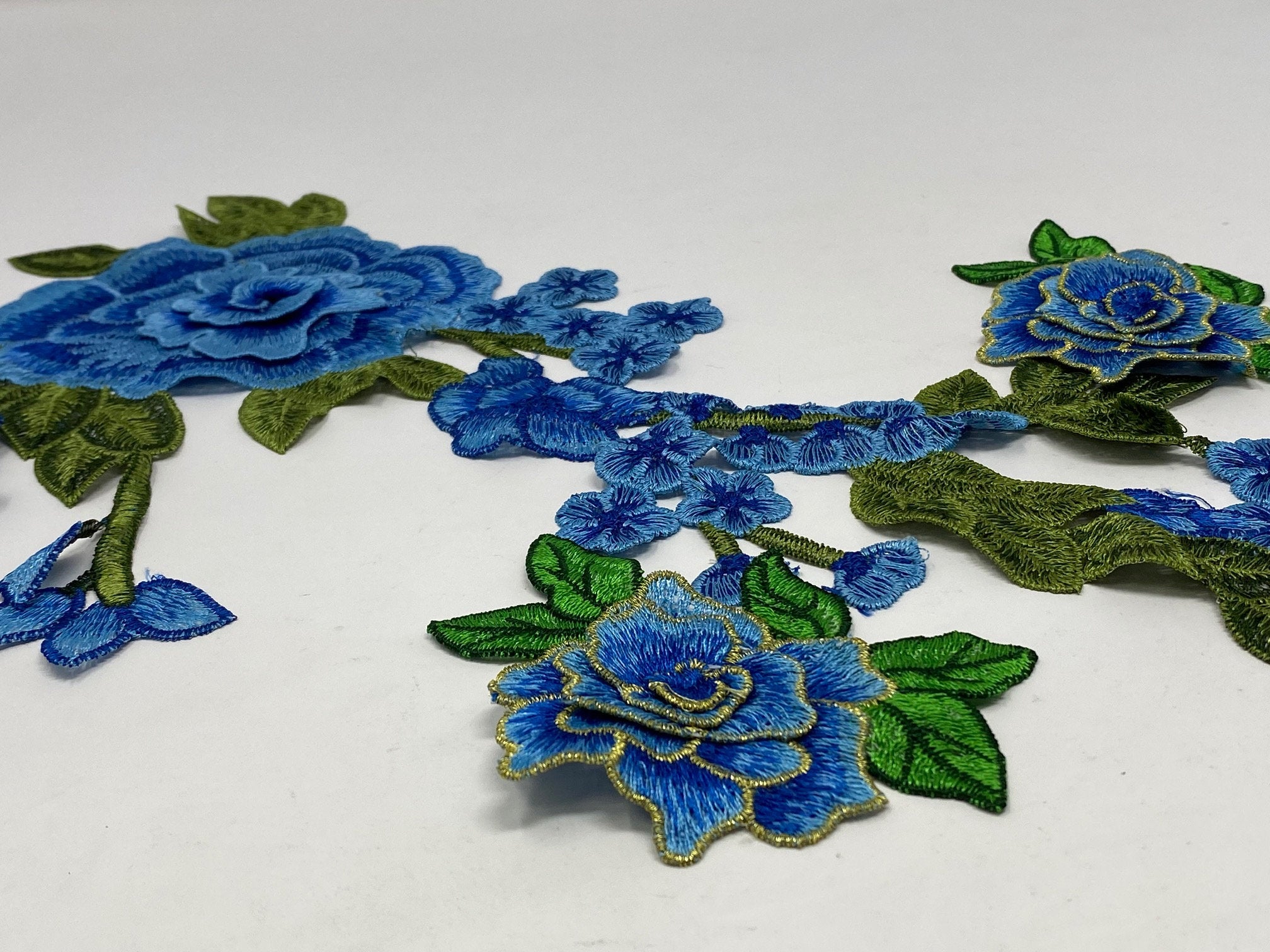 NEW, 2 Pc. 3D Blue Lace Flowers With Leaves and Stems, Sew-on Lace Flower Set, Great for Shoes, Denim, Jackets, Etc., Size 14 inches