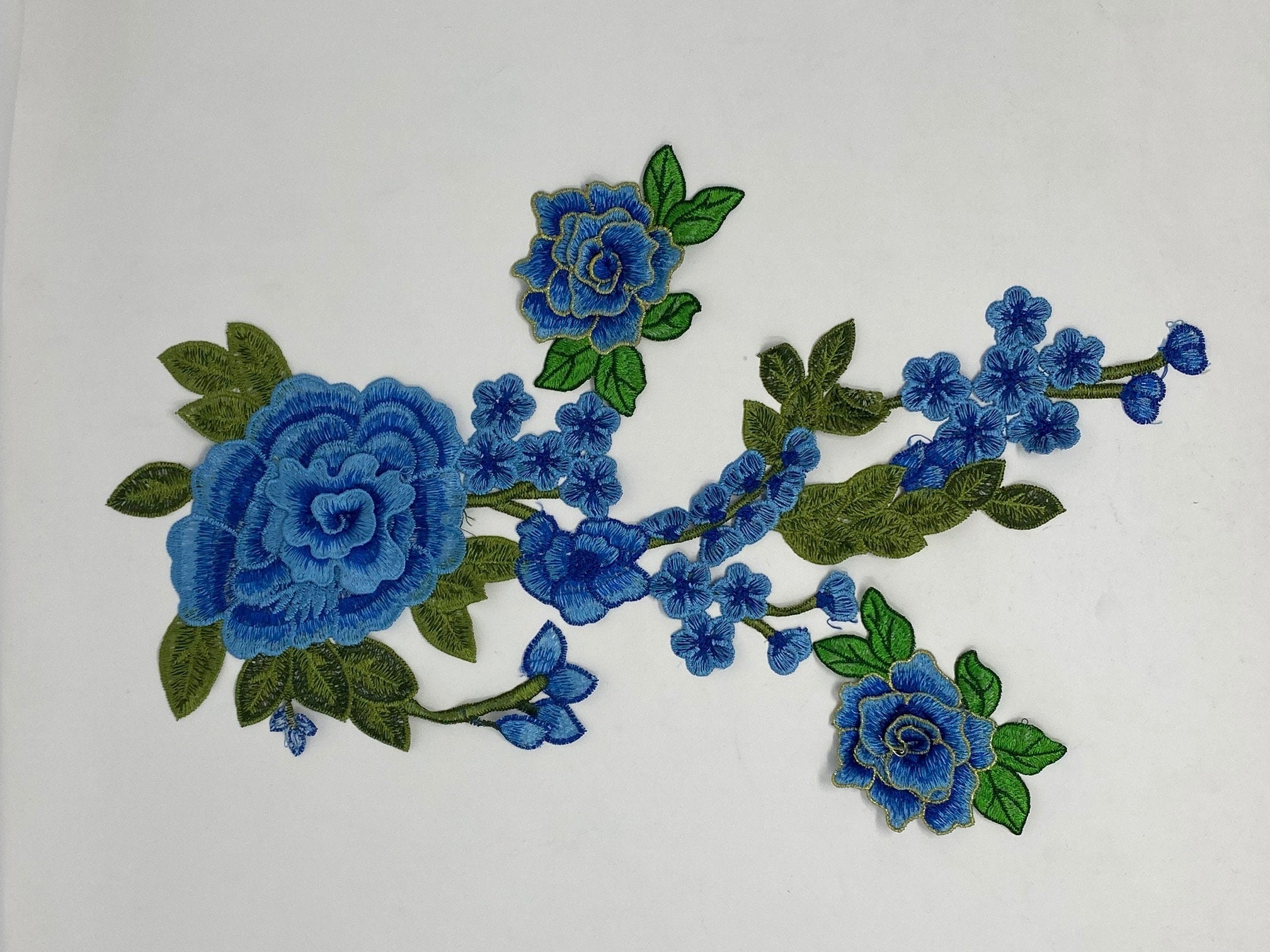 NEW, 2 Pc. 3D Blue Lace Flowers With Leaves and Stems, Sew-on Lace Flower Set, Great for Shoes, Denim, Jackets, Etc., Size 14 inches