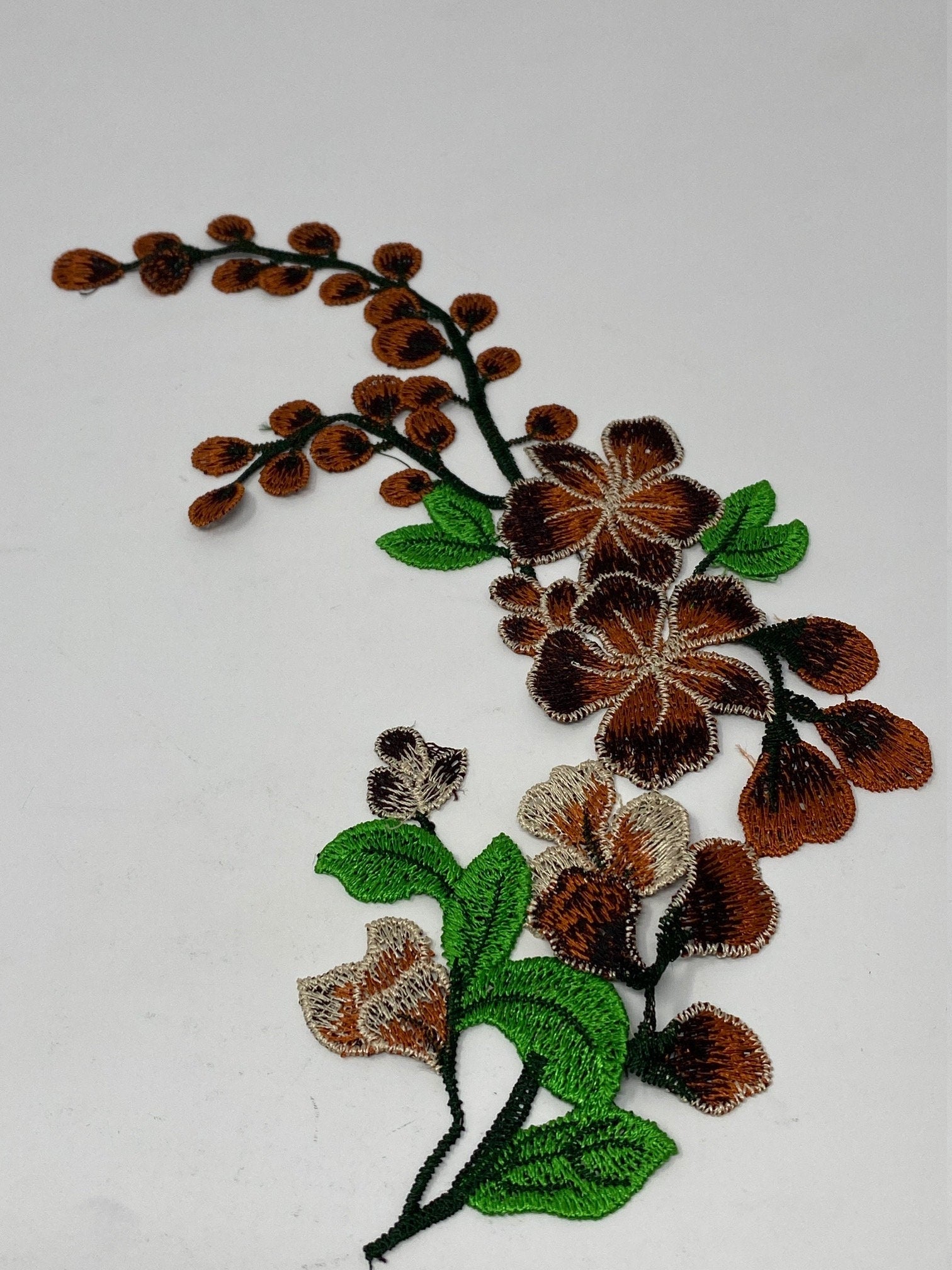 NEW, 2 Pc., Brown Lace Flowers with Leaves and Stems, Sew-on Lace Flower Set, Great for Shoes, Denim,Jackets, Sweaters, Etc. Size 12 inches