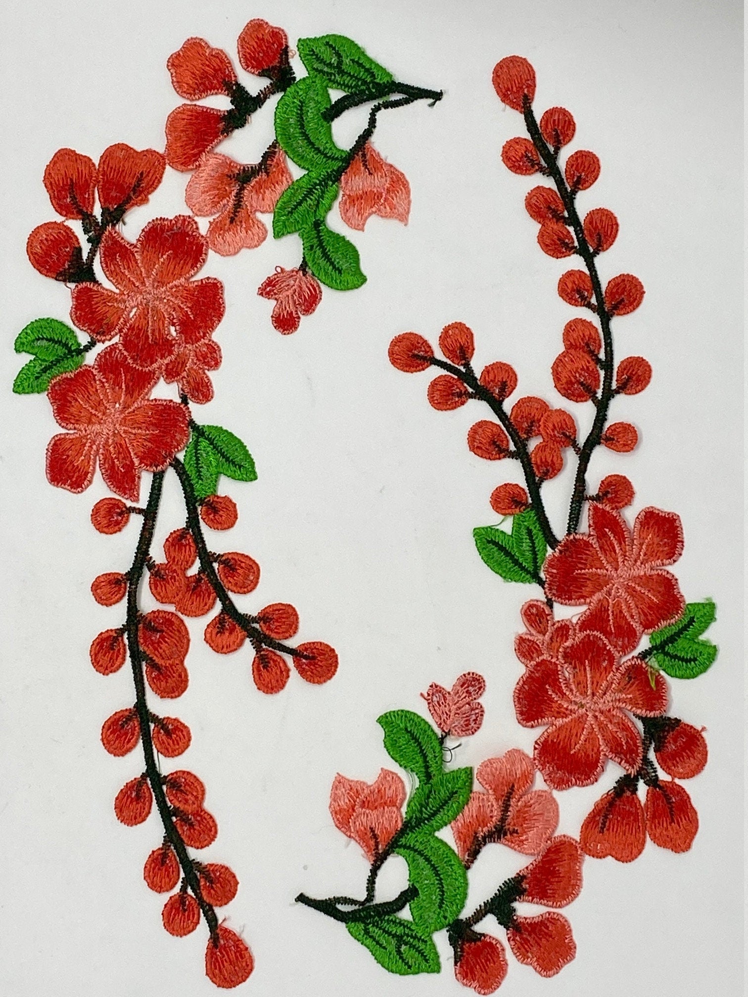 NEW, 2 Pc., Red Lace Flowers with Leaves and Stems, Sew-on Lace Flower Set, Great for Shoes, Denim,Jackets, Sweaters, Etc. Size 12 inches