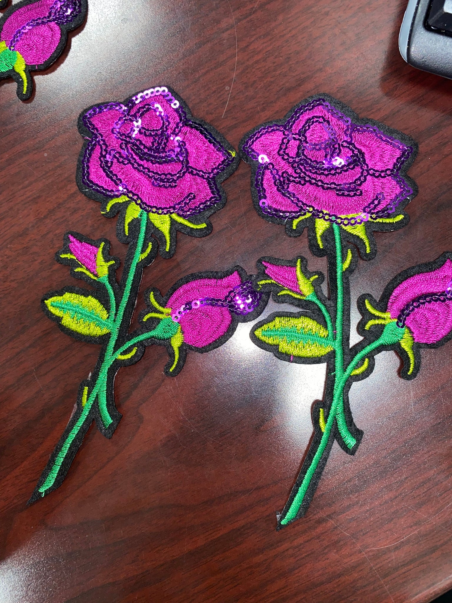 NEW Sequins Flowers, Adorable 2-pc set, PURPLE Roses (size 6-in), Matching Embroidered Iron-on Floral Patches, Small Patches for Clothing