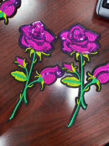 NEW Sequins Flowers, Adorable 2-pc set, PURPLE Roses (size 6-in), Matching Embroidered Iron-on Floral Patches, Small Patches for Clothing